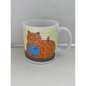 Taylor & Ng Orange Kitty Cat Mouse Fish Coffee Mug Fishbowl Goldfish 1980s VTG